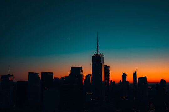 City skyline at dusk stock-image with a golden sunset glow illuminating towering skyscrapers, casting vibrant reflections on glass windows, under 
