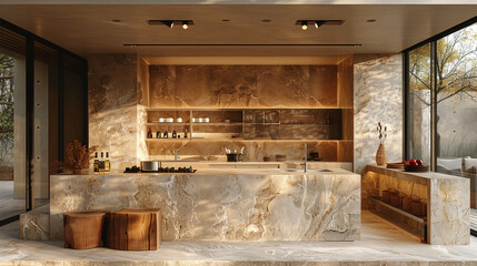 Modern style minimalist kitchen interior design idea. Beautiful kitchen interior material brainstorming and warm comfortable place.