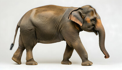Fototapeta premium Majestic Asian elephant walking, side profile against a clean white background. A stunning image capturing its strength and grace.