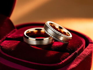 Elegant wedding rings displayed in red velvet box romantic setting high-quality close-up pic of wedding rings