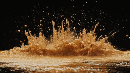 Dynamic sand splash frozen at apex of explosion, ochre and bronze particles creating organic abstract patterns, powerful upward thrust with secondary particle streams, studio lighting emphasizing