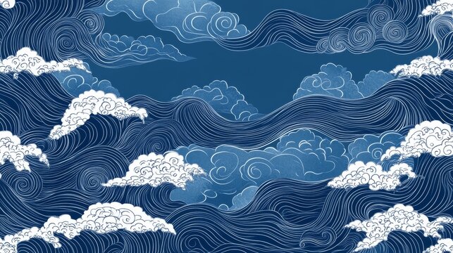 Elegant oriental water pattern set, fine line illustration style, classic wave motifs, detailed spiral formations, decorative foam crests, continuous flowing curves, harmonious water elements,