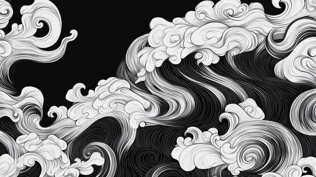 Elegant oriental water pattern set, fine line illustration style, classic wave motifs, detailed spiral formations, decorative foam crests, continuous flowing curves, harmonious water elements,