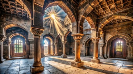 Obraz premium Ancient Stone Architecture with Rays of Sunlight Streaming In
