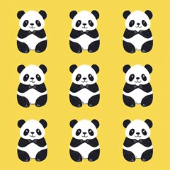 Obraz premium Playful Cartoon Panda Pattern – Cute Hand-Drawn Design on Yellow Background