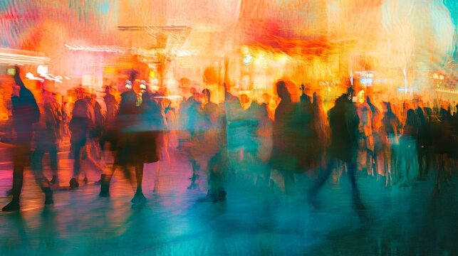 Flowing crowd movement frozen in time, premium motion blur technique, atmospheric street lighting, layered human silhouettes, urban energy capture, cinematic color treatment, artistic street scene