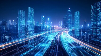 Obraz premium Futuristic elevated highway winding through glowing binary data towers, cyberpunk cityscape with neon blue data streams, abstract digital architecture, volumetric light beams, floating information