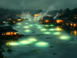 River village at night, luminous water lilies