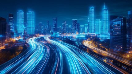 Fototapeta premium Futuristic elevated highway winding through glowing binary data towers, cyberpunk cityscape with neon blue data streams, abstract digital architecture, volumetric light beams, floating information