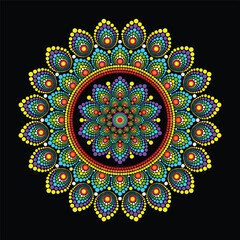 Vector hand drawn doodle mandala with hearts. Ethnic mandala with colorful ornament. Bright colors. Isolated. Illustration on doodle style.