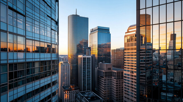 Breathtaking View of Boston's Downtown Financial District Skyline with Modern Skyscrapers at Sunset