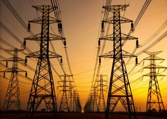Drone Photography: High Voltage Pylons, Power Substation, Blue Sky - Electricity Transmission Infrastructure