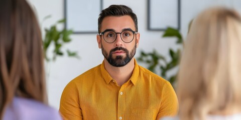 Fototapeta premium budget income optimization concept. A man in a patterned shirt engages with two people in discussion.