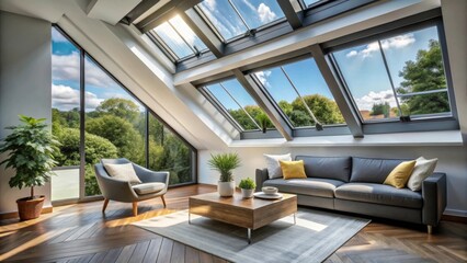 Modern Bright Living Room with Skylights and Greenery View