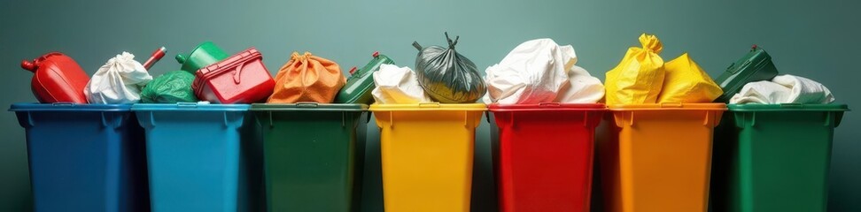 Color-coded bins overflowing with various hospital waste , infectious, metal, segregation