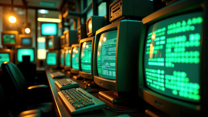 Obraz premium Nostalgic Cybernetics: Vintage 1980s Server Room with Glowing Green Data Streams on CRT Monitors