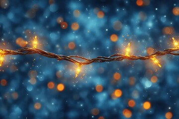 Glowing string lights on dark blue bokeh background, warm, inviting mood. Perfect for holiday designs, cards, or winter themed projects, adding festive cheer.