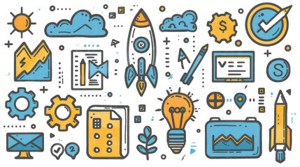 collection of hand drawn entrepreneurship and innovation icons, including rocket, light bulb, gears, and graphs, symbolizing creativity and business growth
