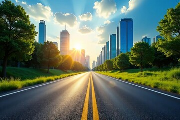 Sunlight shining on scenic asphalt road with tall skyscrapers in background, buildings, sinuous
