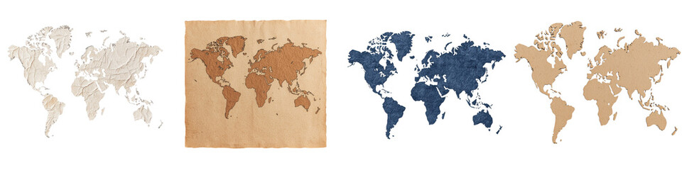 Vintage style world map with continents and oceans depicted in a distressed textured on a grunge parchment background in earth tone colors