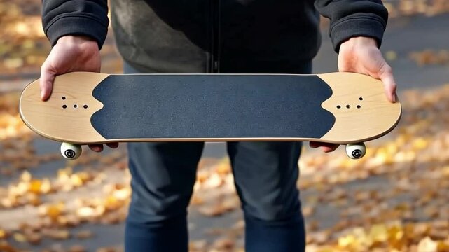 Close-up of a skater holding a skateboard in an autumn park, ready for action