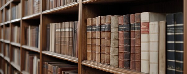 A close-up view of a wooden bookshelf filled with old, leather-bound books, showcasing a rich history and timeless knowledge.