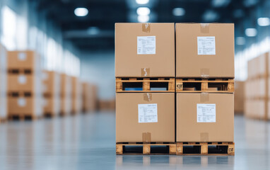 Stacked pallets with cardboard boxes and customs labels in warehouse. organized arrangement showcases efficient storage and logistics management