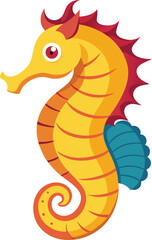 Playful Seahorse Vector Illustration with Vibrant Colors, A colorful and playful seahorse vector illustration in bright yellow and red tones, perfect for marine and children's design projects.
