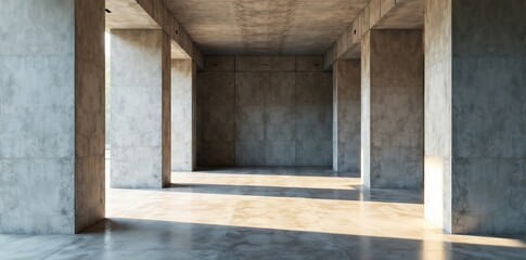 Stylish minimalist concrete room with tall pillars, urban architecture, industrial, design, clean