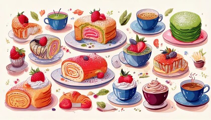 A beautifully presented matcha Swiss roll cake dusted with powdered sugar, garnished with fresh strawberries, and accompanied by two cups of frothy green tea, creating a cozy and elegant dessert scene