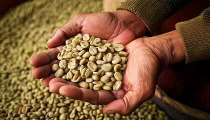 Hands showing dried coffee beans, green coffee, export type, specialty coffee for roasting, high quality coffee beans
