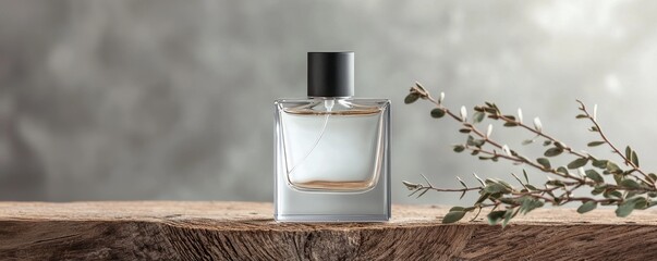 A sleek perfume bottle sits on a wooden surface, complemented by delicate greenery, against a softly blurred background.