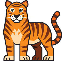 Friendly tiger vector illustration with vibrant stripes, A playful vector illustration of a tiger with vibrant orange and black stripes, ideal for animal-themed projects and educational content.
