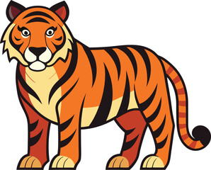 Stylized tiger vector illustration with strong stripes, A bold vector illustration of a tiger with strong orange and black stripes, perfect for animal-themed designs and educational content.
