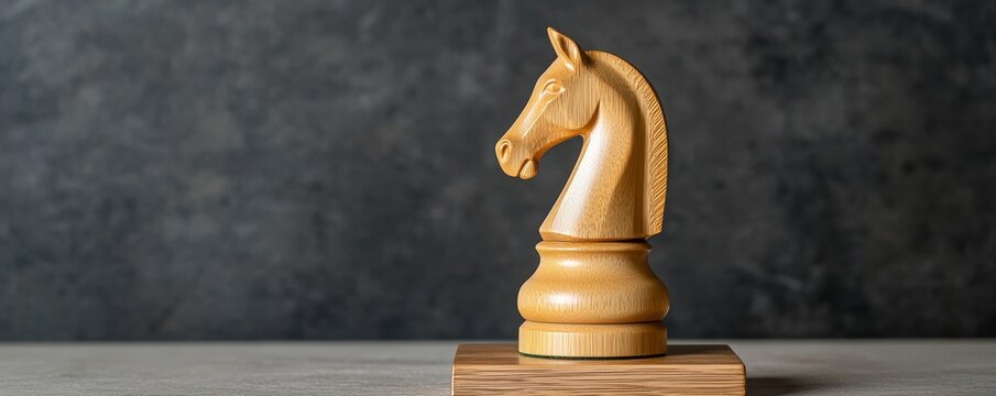 A wooden chess knight piece against a textured gray background, symbolizing strategy and intellect in the game of chess.