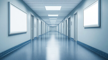 Blank empty white picture frame mockup in a hospital corridor