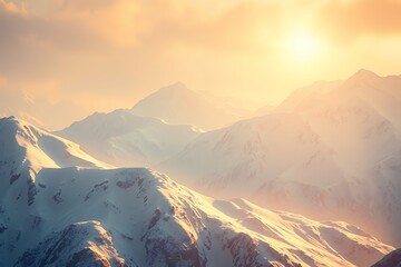 Snowy Mountain Range At Sunset, Majestic Peaks, Nature's Grandeur, Adventure, And Breathtaking Views Concept