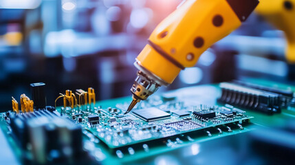 Advanced Robotic Arm Assembling Electronic Circuit Boards in Modern Manufacturing Facility.