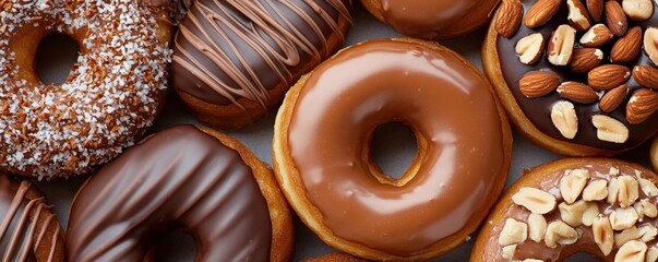 A delicious assortment of donuts with chocolate, nuts, and sprinkles, showcasing a variety of flavors and toppings.