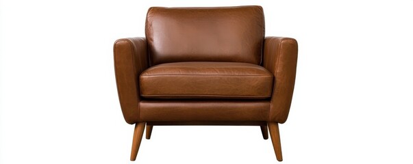 Naklejka premium A stylish brown leather armchair with wooden legs, perfect for adding comfort and elegance to any living space.