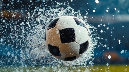 Fototapeta premium Soccer ball mid-kick with splashing water droplets, capturing dynamic energy and motion. 
