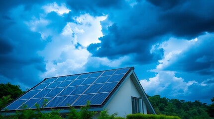 Fototapeta premium Solar Panels Powering A Modern Home Under Dramatic Clouds, Highlighting Green Energy Solutions And Sustainable Living Against A Dynamic Sky