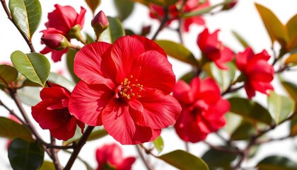 Obraz premium Vibrant red camellia blossom, isolated on white Perfect for spring designs, brooch, fashion