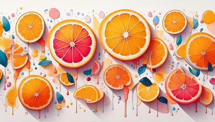 A vibrant watercolor-style illustration of a juicy orange slice with colorful dripping paint, blending realism with abstract artistic expression.

