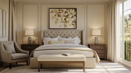 Elegant and Cozy Bedroom Interior Design Featuring Neutral Tones and Floral Artwork.