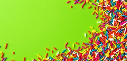 Fototapeta premium Vibrant sprinkles form a border around a green background, leaving ample space in the center, sugar, summer