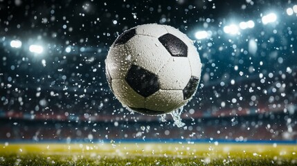 Fototapeta premium Soccer ball mid-kick with splashing water droplets, capturing dynamic energy and motion. 