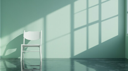 Fototapeta premium Lonely White Chair in an Empty Room with Mint Green Wall and Reflected Floor Surface.