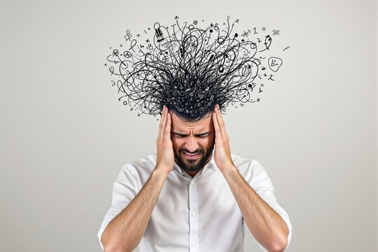Man in white shirt holding head with stressed expression, chaotic scribbles and symbols above his head, on light background, concept of overthinking. Ai generative
