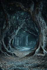 Mysterious, eerie forest pathway with gnarled trees and dim lighting creating a hauntingly atmospheric scene.